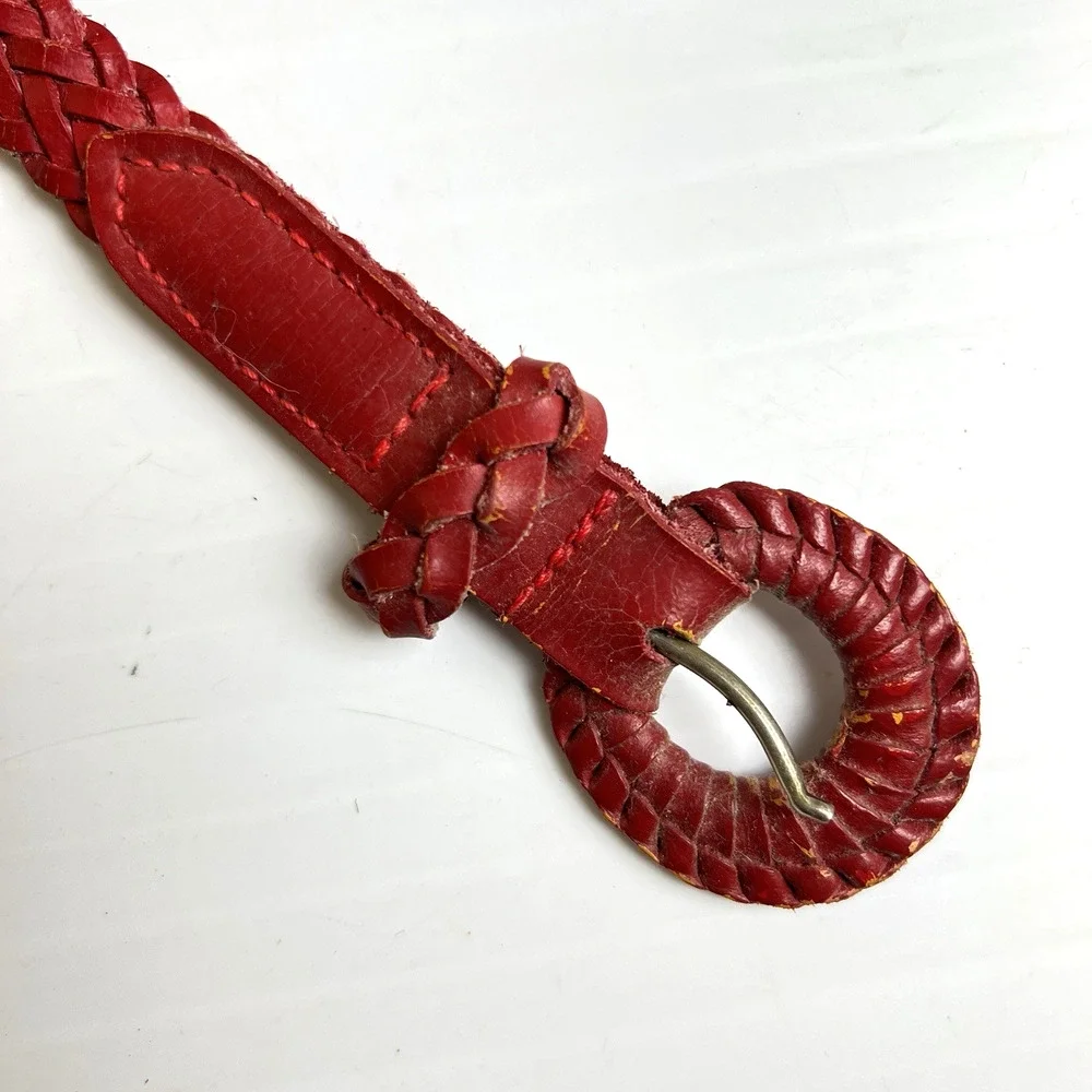 Vintage 90's Red Braided Leather Belt Adjustable 41